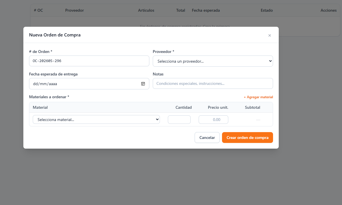 Órdenes de Compra — registra materiales, cantidades y proveedores